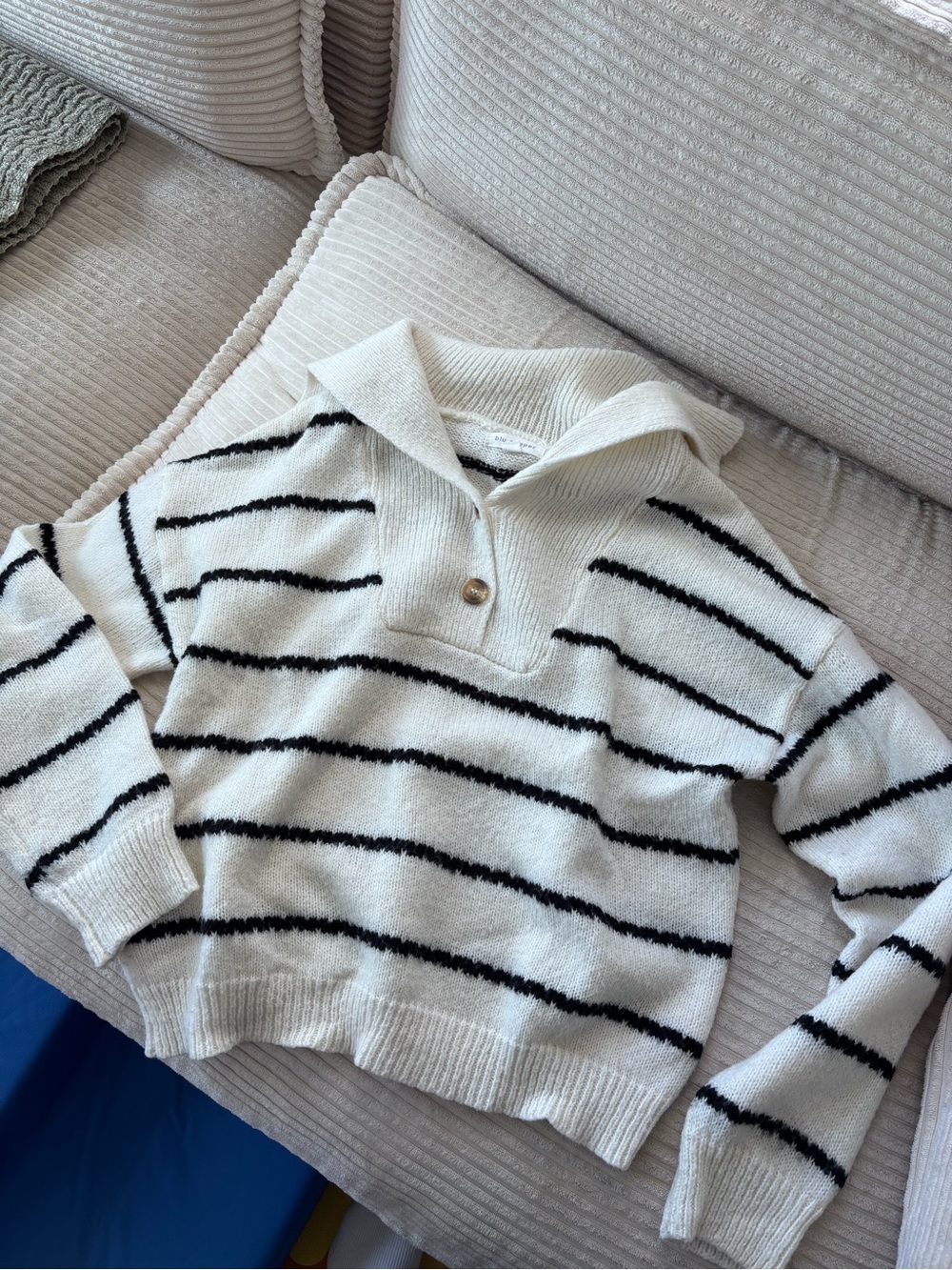 Blu Pepper Cream and Black Striped Shawl Collar Sweater